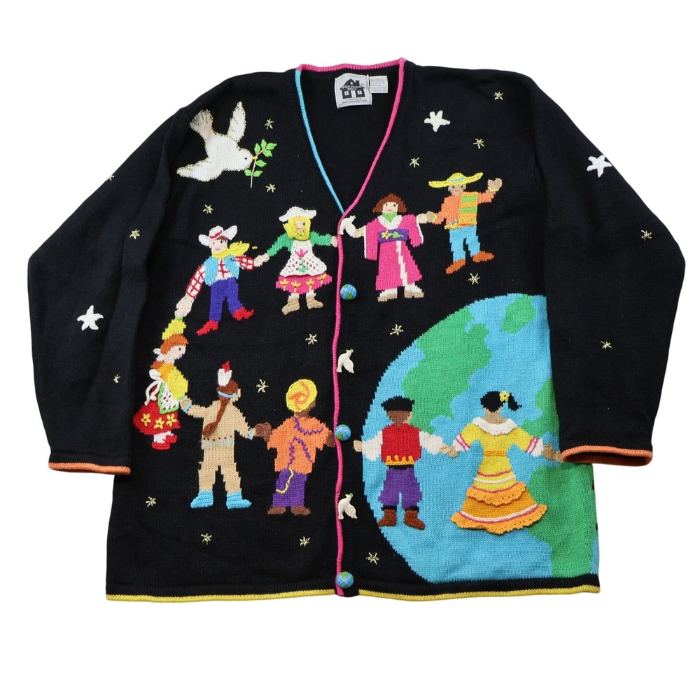 Storybook Knits Womens 1X Cardigan Black World Peace Children Globe Novelty